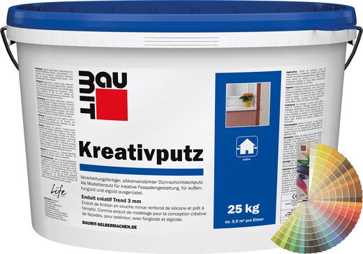 Der Baumit Kreativputz ist im 25 kg Eimer verarbeitungsfertig erhältlich.