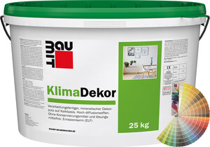 Der Baumit KlimaDekor mit 1,5 mm Körnung ist im 25 kg Eimer in Pastelltönen erhältlich.